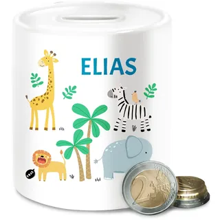 Spardose - Safari Tiere Zootiere Zoo Giraffe Zebra Löwe Elefant - Unisize - Weiß - spardosen für Kinder personalisierte Geschenke Keramik kindersparbüchse Tier sparbüchse Fuchs Tieren Name