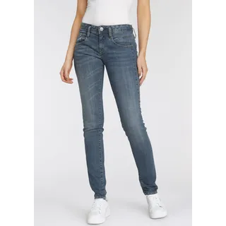 Slim-fit-Jeans HERRLICHER "GINA RECYCLED DENIM" Gr. 28, Länge 30, blau (medium eco) Damen Jeans Röhrenjeans mit seitlichem Keileinsatz