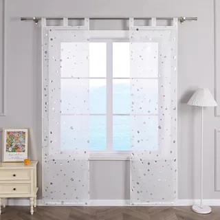 ESLIR Schiebegardinen Weiss Set 2er Flächenvorhänge mit Schlaufen Schiebevorhang Transparent Vorhänge Weiß Gardinen Voile Silber BxH 57x225cm 2 Stück