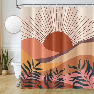 Abstrakter Duschvorhang In Terrakotta-optik, 180 X 180 Cm, Orange/blaues Landschaftsmuster, Waschbarer Stoff, Mit 12 Haken