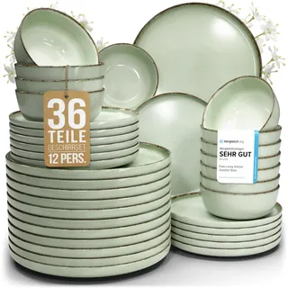 Steingut Geschirrset 12 Personen Rustic 36 tlg. TESTSIEGER, Hochwertiges Landhaussttil Steingut Geschirr Set, Schüssel- und Teller Set, Tafelservice 12 Personen, Geschirrsets Pure Living in Mintgrün