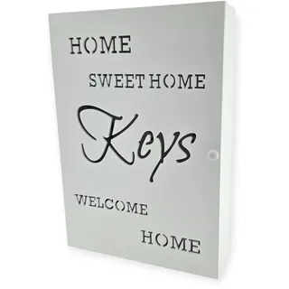 WB wohn trends Schlüsselkasten aus Holz, Shabby Weiß, Home Sweet Home Welcome Design, 32x22x7cm, Schlüsselbrett mit Schlüsselhaken