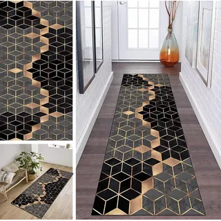 ZDYHMrj Teppich Läufer Flur rutschfest Schwarz Grau Golden Korridor Teppichläufer Waschbar Modern Küche Schlafzimmer Wohnzimmer Läufer Teppich Breite 40cm/50cm/60cm/70cm/80cm/90cm/100cm( Size:100x300