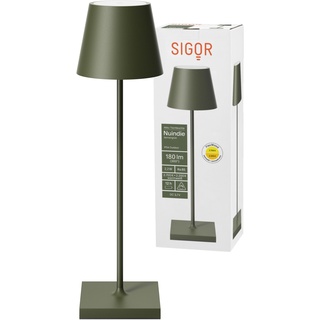 SIGOR Nuindie - Dimmbare LED Akku-Tischlampe Indoor & Outdoor, IP54 spritzwassergeschützt, Höhe 38 cm, aufladbar mit USB-C, 12 h Leuchtdauer, tannengrün