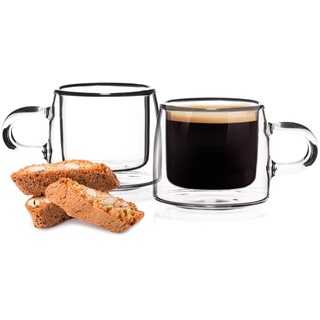 HOMLA Cembra 2-er Espressotassen Set Doppelwandige Gläser 80 ml Kaffeegläser Kaffeetassen Set Modern Espressogläser Teegläser mit Henkel - Transparent