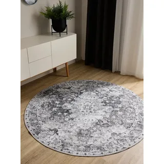 benuta Basic Waschbarer Teppich George - Anthrazit 120 cm rund - Kunstfaser - rund & im Style: Vintage, Elegant, Retro - Pflegeleicht für Wohnzimmer Schlafzimmer