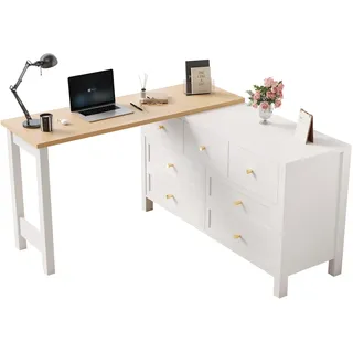 Schreibtisch 120x40x70 drehbar 360° 7 Schubladen Kommode Stauraum Eichenoptik weiß/natur Homeoffice Sideboard