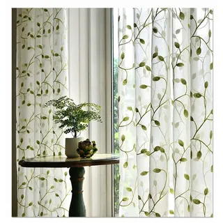 Whoiy Fenster Transparent Vorhang 244 cm Lang Blätter Bestickt, 2 Stück Leinen Gardinen Vorhänge Transparent mit Ösen Grün und Weiß, H244 x B132 cm