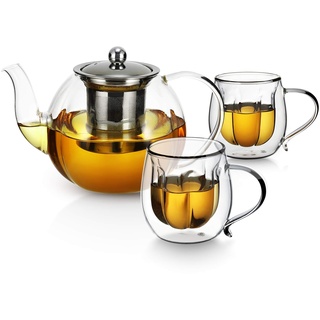 2tlg. Teekanne aus Borosilikatglas, doppelwandige Glasbecher Set, vor Warm isoliert, Glas Teebereiter aus Edelstahl-Sieb, Große Kapazität Teekanne