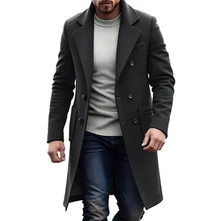 Dyhxuan Wollmantel Herren Knielang Trenchcoat Lang Wintermantel mit Kerbkragen Zweireihig Männer Mantel Herbst Winter Übergangsmantel Outdoor Herrenmantel - XXL
