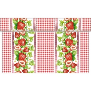 Sovie HOME Tischläufer Erdbeeren in Rot-Weiß aus Linclass® Airlaid 40 cm x 4,80 m, 1 Stück - Erdbeeren Frühling Sommer Karo Muster