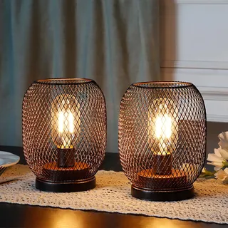 JHY DESIGN ‎Gold Schwarz Tischlampe Batteriebetrieben Set 2 Metall Nachttischlampe mit LED Vintage Glühbirne Batterie Tischleuchte für Schlafzimmer Wohnzimmer Hochzeit Party Innen Außen(Runde Form)
