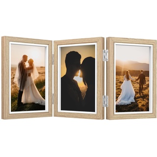 SIMDAO Bilderrahmen Collage für 3 Fotos, 10x15cm Bilder Holzbilderrahmen mit Plexiglas, Multirahmen für Hochzeit, Familie, Baby, Hellbraun, 6X4 Zoll