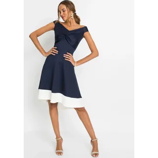 Off-Shoulder-Kleid BONPRIX, Damen, Gr. 48/50 (XL), N-Gr, blau (dunkelblau, weiß), Web, Obermaterial: 95% Polyester, 5% Elasthan. Einsatz: 72% Viskose, 23% Polyester, 5% Elasthan, festlich, ausgestellt, Kleider, für festliche Anlässe, aus festem Scuba-Stoff, mit Carmen-Ausschnitt
