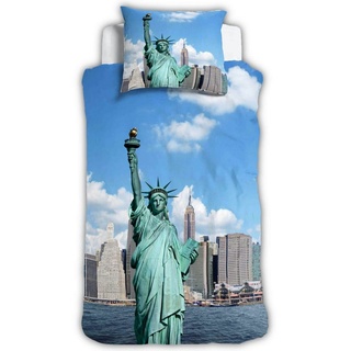 Bettwäsche New York, ESPiCO, Renforcé, 2 teilig, Digitaldruck, Freiheitsstatue, USA blau|grau|grün