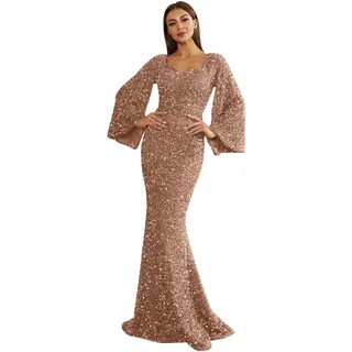 Abend Gwons für Frauen Lange Damen Pailletten Maxikleider Damen Solide Fischschwanz Glänzende Kleider Langarm Glitzer Cocktailkleider V-Ausschnitt Body Enges Kleid Damen Glänzendes Swing Kleid, gold, - XL