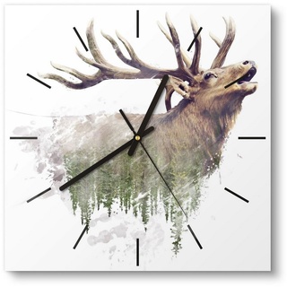 DEQORI Wanduhr 'Hirsch röhrt im Wald' (Glas Glasuhr modern Wand Uhr Design Küchenuhr) braun|weiß 30 cm x 30 cm