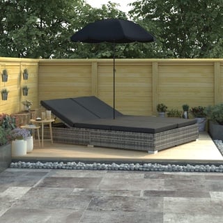 MOONAIRY Outdoor-Loungebett mit Sonnenschirm, Daybed Outdoor, Doppelliege, Outdoor Bett, Gartenlounge, Gartenmöbel, Poly Rattan Grau