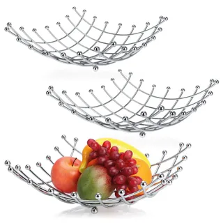 com-four® 3x Obstschale aus verchromtem Edelstahl - dekorativer Obstkorb silberfarben - Obstschale im modernen Design