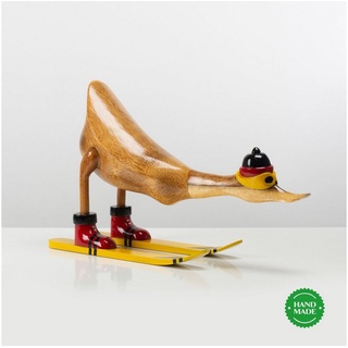 Rikmani Dekofigur Ente Skifahrer - Handgefertigte Dekoration aus Holz Geschenk Figur (3er-Set, SET: S, M, L), Drei Holzarten. Lackiert. braun|gelb