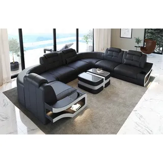 Sofa Dreams Wohnlandschaft Leder Couch Sofa Elena U Form Ledersofa, U-Form Ledersofa mit LED-Beleuchtung schwarz