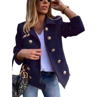 Damen Button Jacke Langarm Open Front Cardigan Mantel Winter Casual Blazer,Farbe: Blau,Größe:L