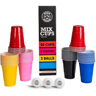 BeerBaller® Mix Cups - 5 Farben - 55 Beer Pong Becher - 3 Bier Pong Bälle | 473ml - 16oz Partybecher | spülmaschinenfest & wiederverwendbar | Bierpong Becher Set | Original American Red Cups