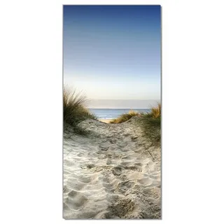 Wallario Türtapete Weg durch die Dünen zum Strand am Meer, glatt, ohne Struktur blau