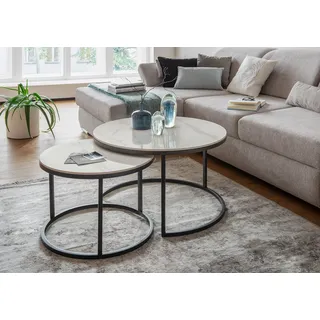Couchtisch PAROLI, schwarz (schwarz, weiß, schwarz, weiß marmoriert), B:80cm H:46cm T:80cm, Tische, Keramikoberfläche glänzend, Satztisch