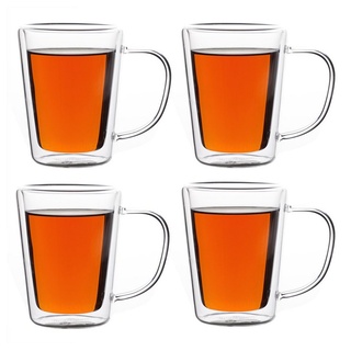 monzana Teeglas, 4 x Thermogläser doppelwandig aus Glas mit Henkel isoliert 250 ml Borosilikatglas Teetassen Gläser Set weiß
