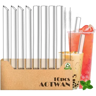 AOTWAN Bubble Tea Strohhalme,Glas Strohhalme Wiederverwendbar,10 Stück Enthalten 4 Schräges Port+4 Lange Boba Tea Glasstrohhalme+2 Reinigungsbürsten,Glasstrohalme für Smoothie,Perlmilchtee und Säfte