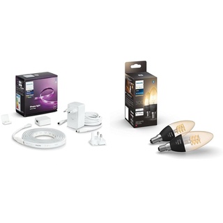 Philips Hue White & Color Ambiance Lightstrip Plus Basis-Set V4 (2 m) & White E14 Kerze Doppelpack Filament 2x300lm