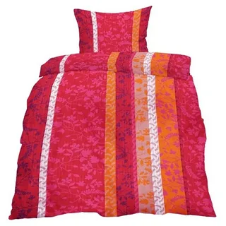 KH-Haushaltshandel Bettwäsche Baumwoll Seersucker Bettwäsche, 135 x 200 + 80x80cm, Streifen, Seersucker, rot orange beige weiß, bügelfrei, Streifen mit Rankenmuster rot