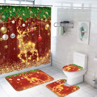 Likiyol 4-teiliges Weihnachts-Rentier-Duschvorhang-Set mit rutschfesten Teppichen, WC-Deckelbezug, Badematte und 12 Haken, goldener Elch, Duschvorhang, Tannenzweige, rote Weihnachts-Badezimmer-Set