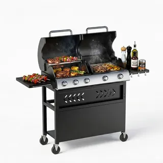 GarveeHome 5 Burner Gasgrill & Plancha Kombi 40.000 BTU, Gasgrill klein bis groß mit Porzellan Emaille Gusseisen Rost & Plancha, Gasgrills für Garten & Balkon mit einfacher Reinigung