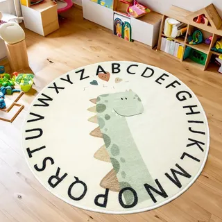 Tapis Design Kinderteppich Teppich Kinderzimmer Rund Kurzflor, rutschfest Waschbare Spielmatte für Jungen Mädchen Mit Tierbild, Grösse: 200 cm Rund, Farbe: Beige