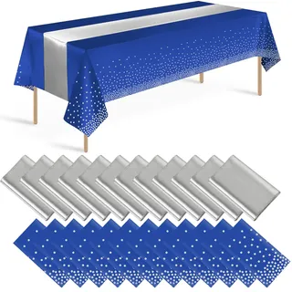 Blaue und silberne Tischdecke und Tischläufer, Party-Dekorationen, blaue und silberne Einweg-Tischdecke aus Kunststoff und Satin-Tischläufer für Hochzeit, Geburtstag, Brautabschluss, Jahrestag, Party,