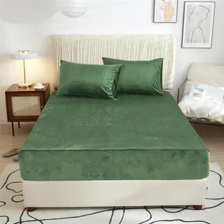 Spannbettlaken 90x200cm Warm Grün Olivgrün Winter Boxspringbett Bettlaken Frottee Spannbetttücher Microfleece Flausch Spannbetttuch Set Leintuch 90 x 200 Spannleintuch für Hohe Matratze