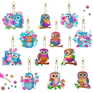 DNWFZ Diamond Painting Anhänger 12 Stück Diy Schlüsselanhänger Kinder Erwachsene 5D Eule Stickerei Diamant Anhänger Art Eulen Handtasche Schlüssel Craft Kits