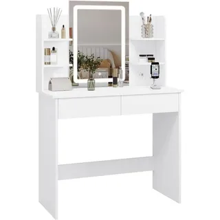 Woltu Schminktisch, Weiß, Holzwerkstoff, Glas, 4 Fächer, 2 Schubladen, Rechteckig, Wange, 90x125x40 cm, Schlafzimmer, Schminktische