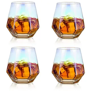 Glasseam 300 Ml Diamond Whisky Glasses: 4er-Set Gekipptes Whiskyglas | Bleifreies Irisiertes Glas, Für Männer, Frauen, Papa, Ehemann, Freunde, Für Bourbon, Rum, Scotchglas, Bar Tumbler