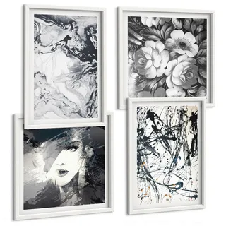 BILDER SET 4er Set - 50x50 cm & 40x60 cm Weißer Rahmen - Abstrakte schwarz-weiße Muster