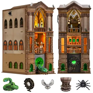 NookMaster Book Nook Kit mit LED | 3D Holzpuzzle Fantasy Bücherregal Deko | Magische Akademie, 3D ohne Brille, LED, 351 Teile, Staubschutz, Buchstütze, Geschenk für Erwachsene