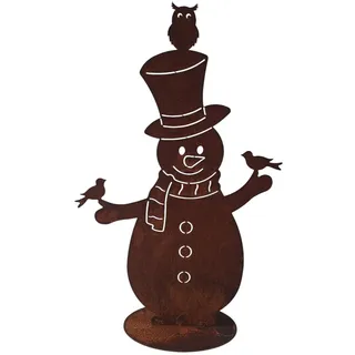 Gartenfigur Schneemann aus Edelrost, 3D Winterdeko mit Vögeln und Eule, Rostoptik Gartendekoration 51CM XXL