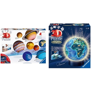 Ravensburger 3D Puzzle Planetensystem für Kinder ab 7 Jahren - 8 Puzzleball-Planeten als Sonnensystem Modell mit Poster & 3D Puzzle 11844 - Nachtlicht - Erde bei Nacht - 72 Teile