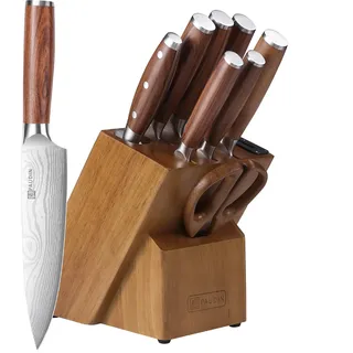 PAUDIN Messerblock-Set mit 10-tlg. Küchenmesser-Set, integriertem Messerschärfer & Naturholzgriffen, scharfes Messerset für Küche & Alltag, platzsparende Aufbewahrung