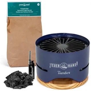 Feuerhand Holzkohlegrill Feuerhand Tamber Tischgrill + 1 kg spezial Holzkohle fast rauchfrei blau