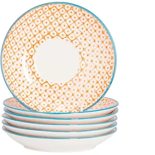 Nicola Spring Handbedruckte Cappuccino-Untertassen – Orange – 6er-Set | 14,5cm Untertassen aus Steingut mit traditionellem Blumenmuster für Cappuccino, Espresso, Latte, Tee & Heißgetränke