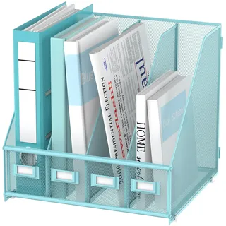 SUPEASY Zeitschriftensammler Schreibtisch Organizer, Metall Binder Halter mit 4 vertikalen Fächern für Büro Zuhause Schule Blau