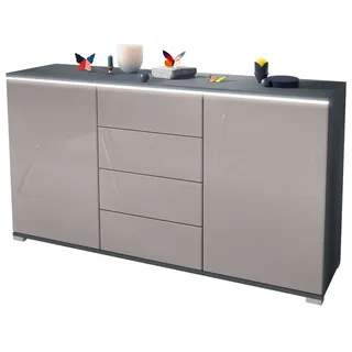 Vladon Sideboard Faro V1 (Kommode mit 2 Türen & 4 Schubladen, Schrank mit LED Lichtleiste), Anthrazit matt / Sandgrau Hochglanz (138,5 x 75,5 x 35) grau